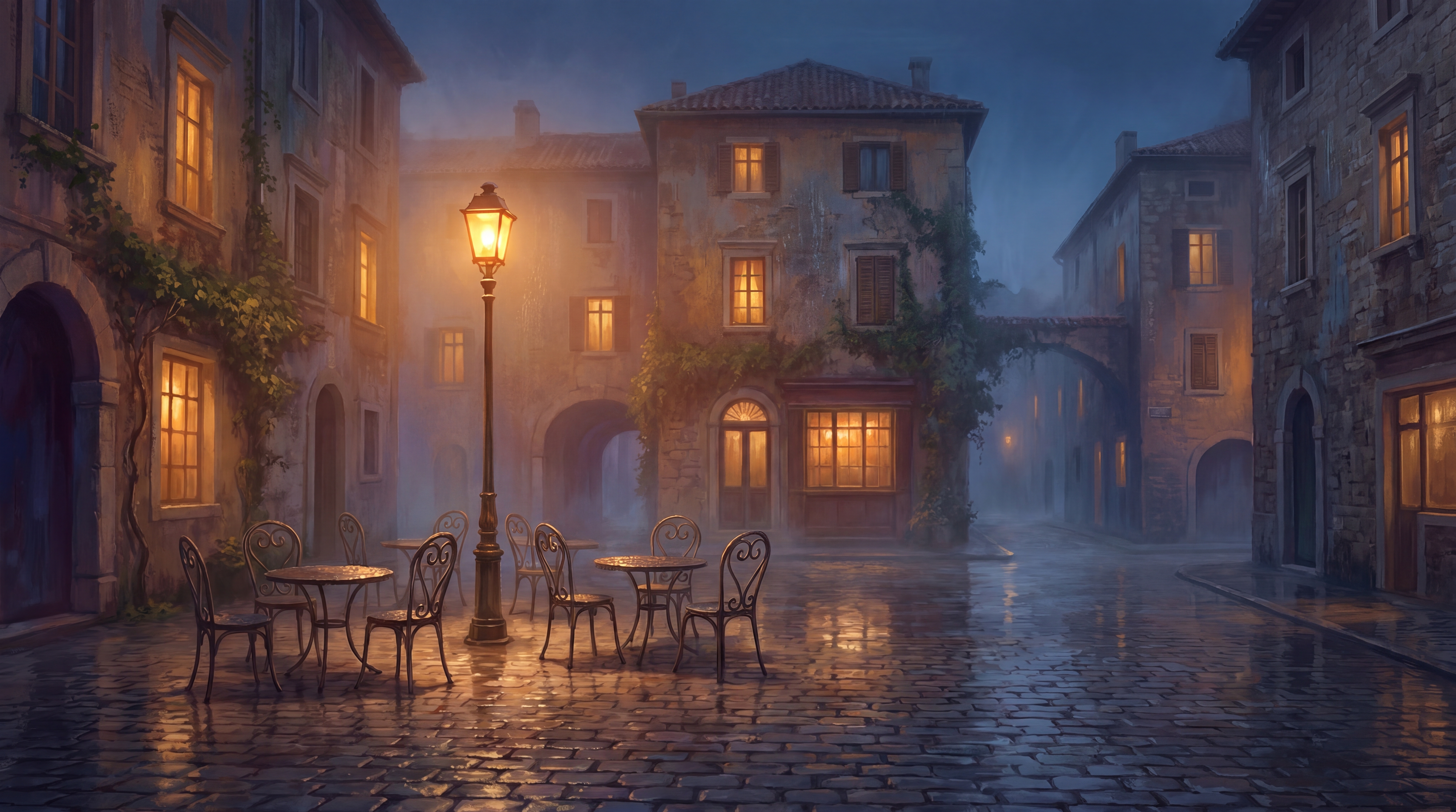 A European square at dusk, lights warming, the day slowing into an evening worth staying for